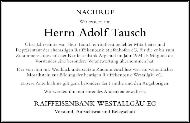  Traueranzeige für Adolf Tausch vom 28.10.2021 aus Der Westallgäuer