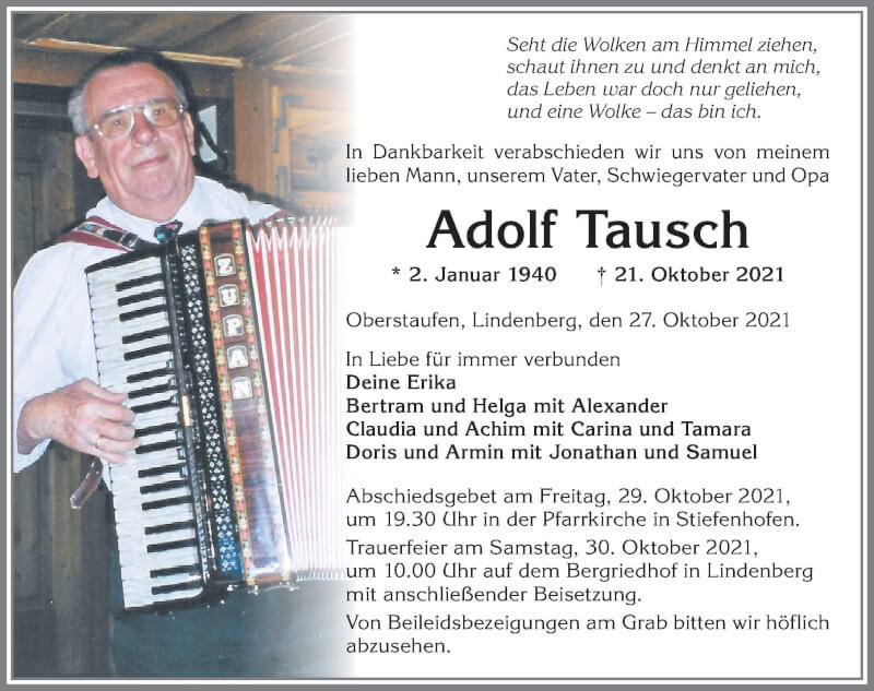  Traueranzeige für Adolf Tausch vom 27.10.2021 aus Allgäuer Zeitung