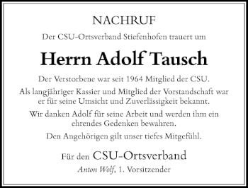 Traueranzeige von Adolf Tausch von Der Westallgäuer