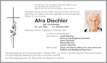 Traueranzeige von Afra Dischler von Memminger Zeitung