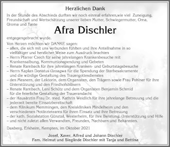 Traueranzeige von Afra Dischler von Memminger Zeitung