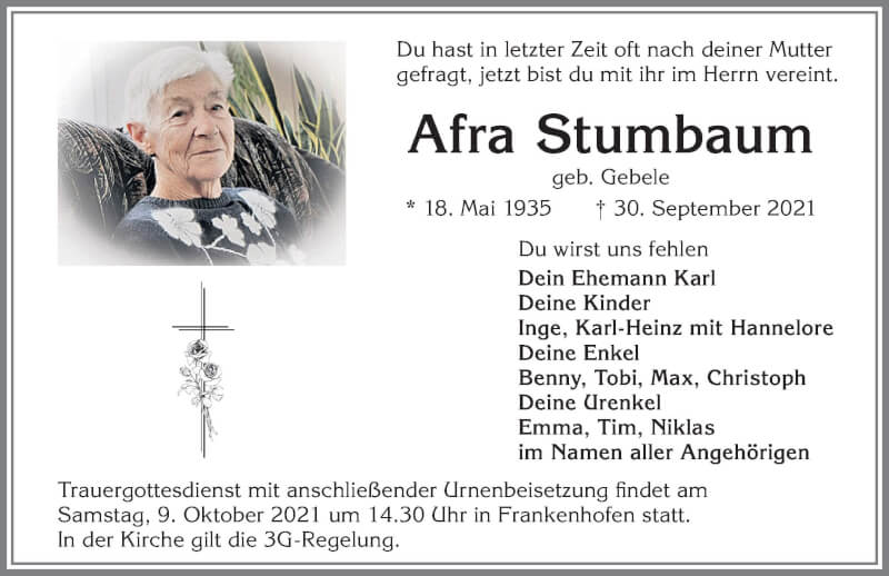  Traueranzeige für Afra Stumbaum vom 02.10.2021 aus Allgäuer Zeitung, Kaufbeuren/Buchloe