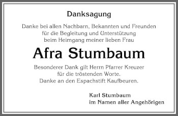 Traueranzeige von Afra Stumbaum von Allgäuer Zeitung, Kaufbeuren/Buchloe