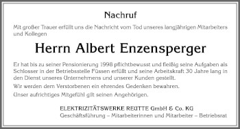 Traueranzeige von Albert Enzensperger von Allgäuer Zeitung, Füssen