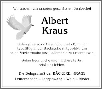 Traueranzeige von Albert Kraus von Allgäuer Zeitung, Marktoberdorf