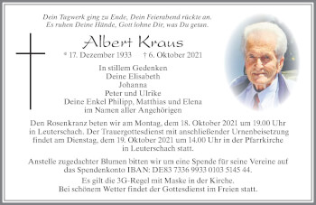 Traueranzeige von Albert Kraus von Allgäuer Zeitung, Marktoberdorf