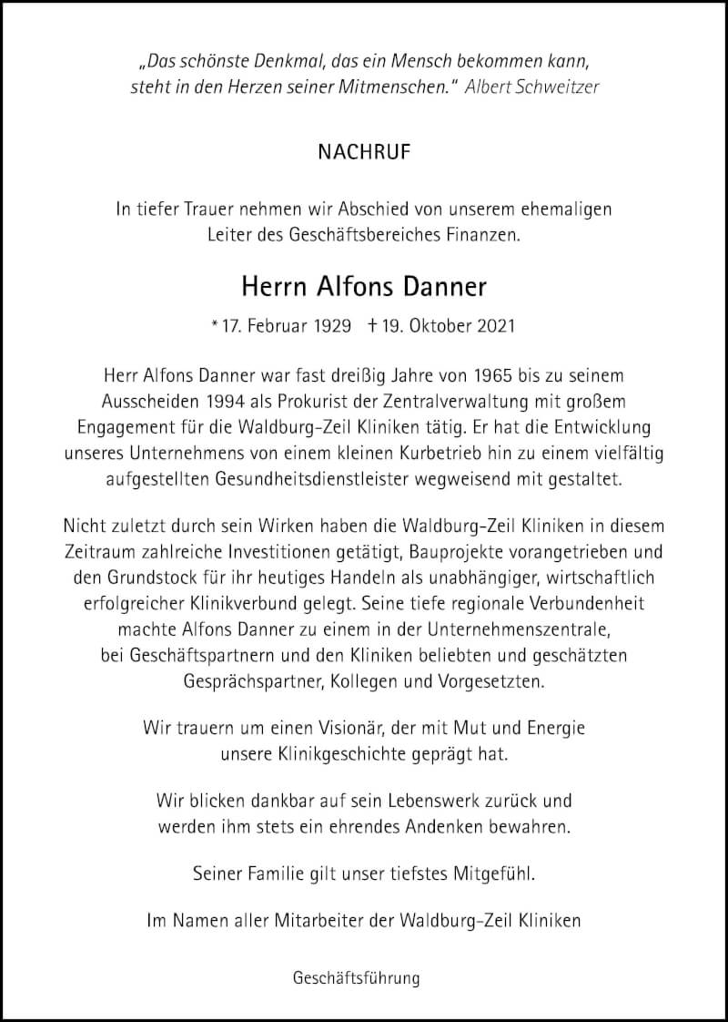  Traueranzeige für Alfons Danner vom 30.10.2021 aus Allgäuer Zeitung, Gesamtausgabe