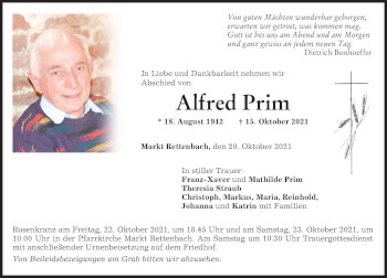 Traueranzeige von Alfred Prim von Memminger Zeitung