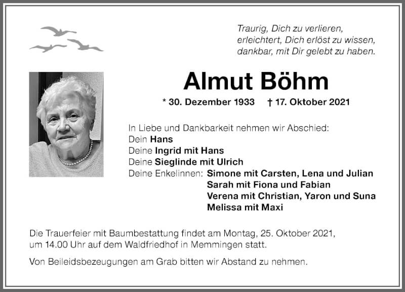  Traueranzeige für Almut Böhm vom 23.10.2021 aus Memminger Zeitung