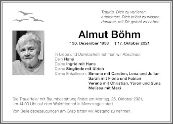 Traueranzeige von Almut Böhm von Memminger Zeitung