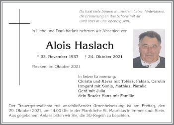 Traueranzeige von Alois Haslach von Allgäuer Anzeigeblatt
