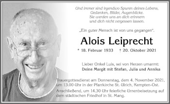 Traueranzeige von Alois Leiprecht von Allgäuer Zeitung,Kempten