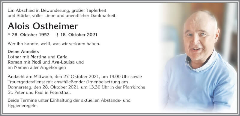  Traueranzeige für Alois Ostheimer vom 23.10.2021 aus Allgäuer Anzeigeblatt