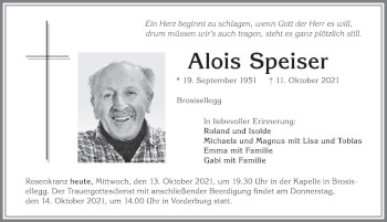 Traueranzeige von Alois Speiser von Allgäuer Anzeigeblatt