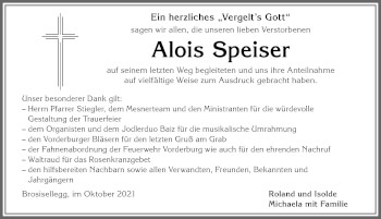 Traueranzeige von Alois Speiser von Allgäuer Anzeigeblatt