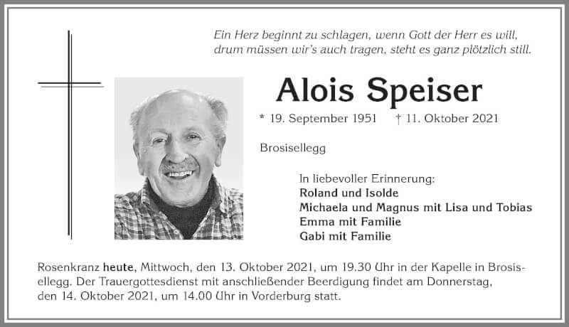  Traueranzeige für Alois Speiser vom 13.10.2021 aus Allgäuer Anzeigeblatt
