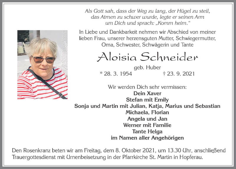  Traueranzeige für Aloisia Schneider vom 05.10.2021 aus Allgäuer Zeitung, Füssen