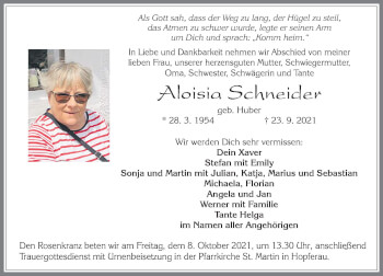 Traueranzeige von Aloisia Schneider von Allgäuer Zeitung, Füssen