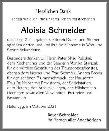 Traueranzeige von Aloisia Schneider von Allgäuer Zeitung, Füssen