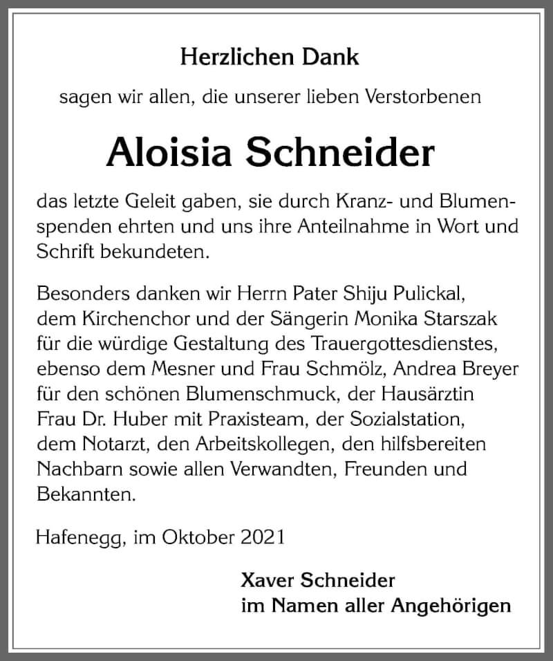 Traueranzeige für Aloisia Schneider vom 15.10.2021 aus Allgäuer Zeitung, Füssen