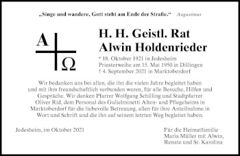Traueranzeige von Alwin Holdenrieder von Allgäuer Zeitung, Marktoberdorf