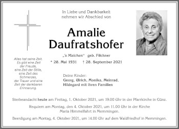 Traueranzeige von Amalie Daufratshofer von Memminger Zeitung