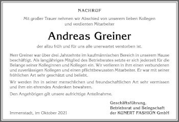 Traueranzeige von Andreas Greiner von Allgäuer Anzeigeblatt