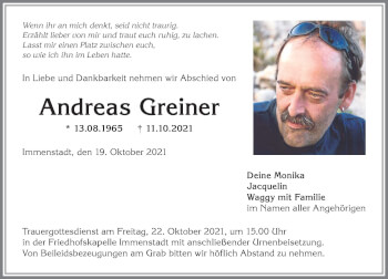 Traueranzeige von Andreas Greiner von Allgäuer Anzeigeblatt