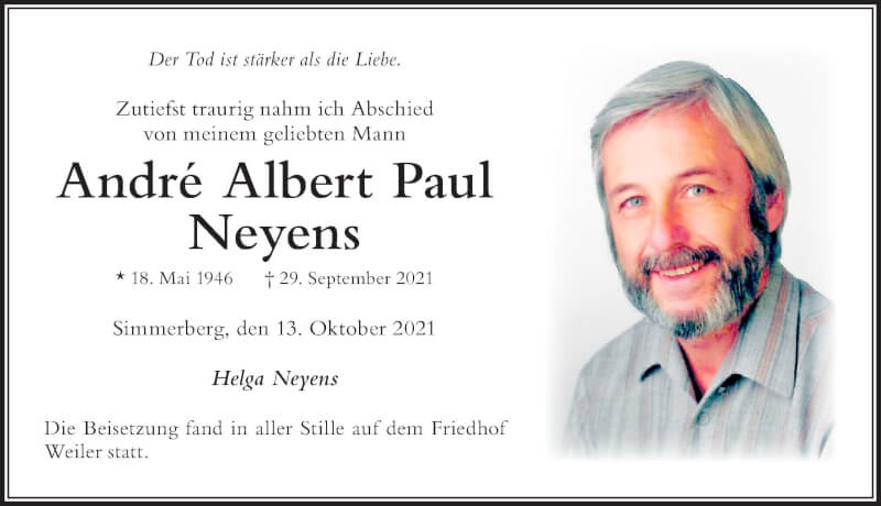  Traueranzeige für André Albert Paul Neyens vom 13.10.2021 aus Der Westallgäuer