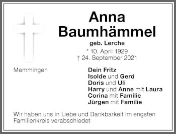 Traueranzeige von Anna Baumhämmel von Memminger Zeitung