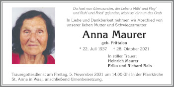 Traueranzeige von Anna Maurer von Allgäuer Zeitung, Kaufbeuren/Buchloe