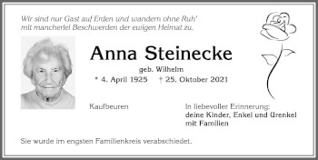 Traueranzeige von Anna Steinecke von Allgäuer Zeitung, Kaufbeuren/Buchloe