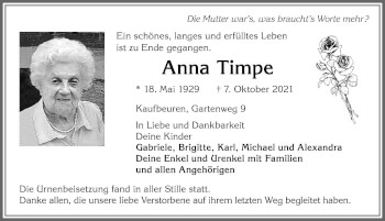 Traueranzeige von Anna Timpe von Allgäuer Zeitung, Kaufbeuren/Buchloe