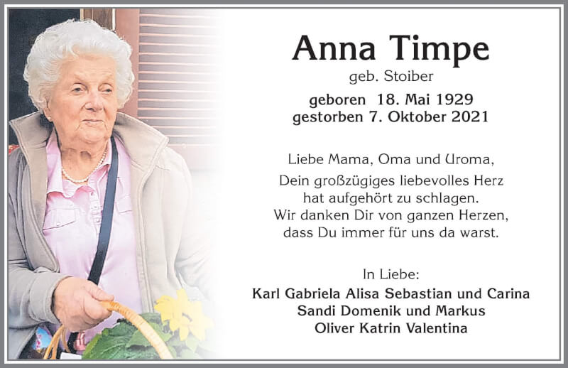  Traueranzeige für Anna Timpe vom 11.10.2021 aus Allgäuer Zeitung, Kaufbeuren/Buchloe