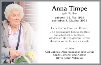 Traueranzeige von Anna Timpe von Allgäuer Zeitung, Kaufbeuren/Buchloe