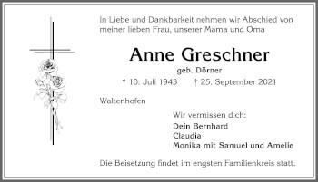 Traueranzeige von Anne Greschner von Allgäuer Zeitung,Kempten