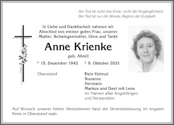 Traueranzeige von Anne Krienke von Allgäuer Anzeigeblatt