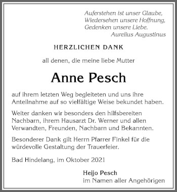 Traueranzeige von Anne Pesch von Allgäuer Anzeigeblatt