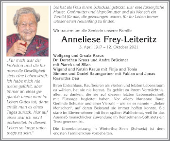 Traueranzeige von Anneliese Frey-Leiteritz von Allgäuer Zeitung, Kaufbeuren/Buchloe