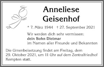 Traueranzeige von Anneliese Geisenhof von Allgäuer Zeitung
