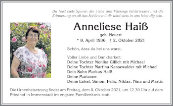 Traueranzeige von Anneliese Haiß von Allgäuer Anzeigeblatt