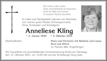 Traueranzeige von Anneliese Kling von Allgäuer Anzeigeblatt