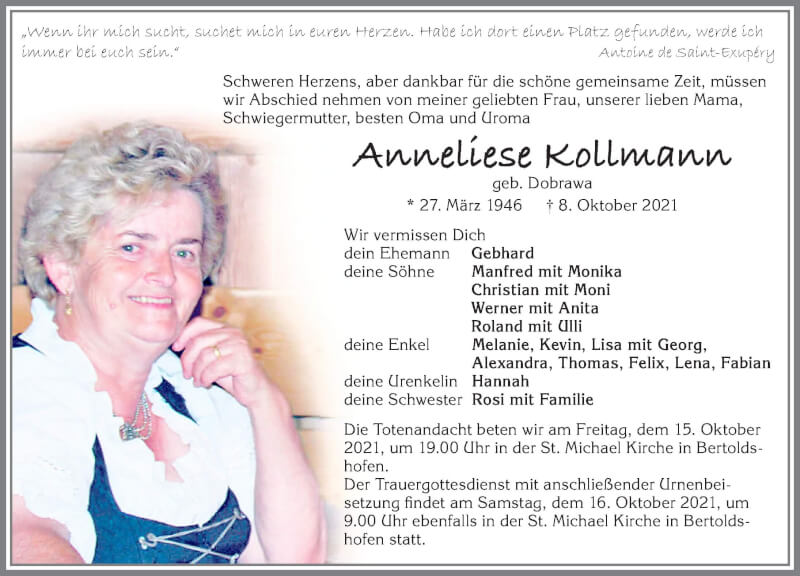  Traueranzeige für Anneliese Kollmann vom 13.10.2021 aus Allgäuer Zeitung, Marktoberdorf