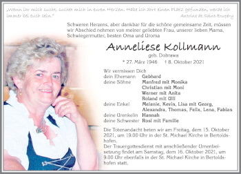 Traueranzeige von Anneliese Kollmann von Allgäuer Zeitung, Marktoberdorf