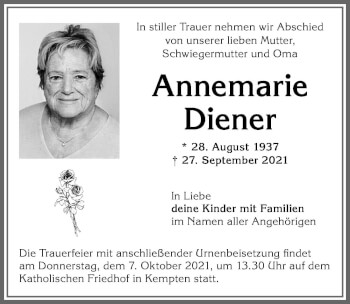Traueranzeige von Annemarie Diener von Allgäuer Zeitung,Kempten