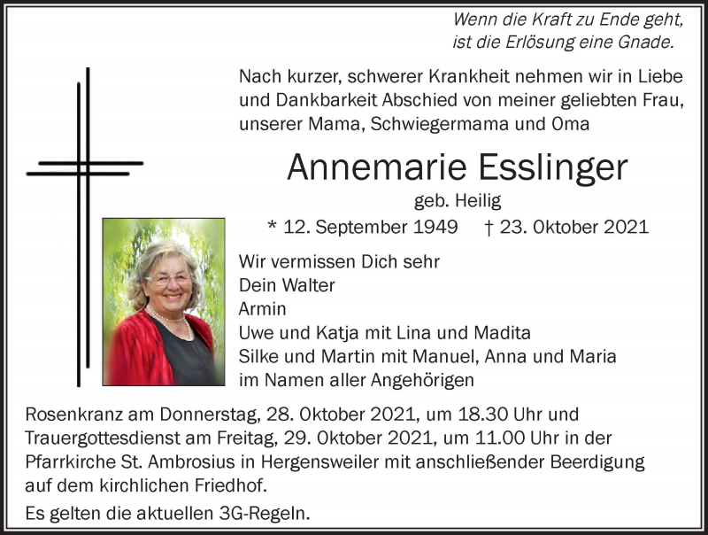  Traueranzeige für Annemarie Esslinger vom 26.10.2021 aus Der Westallgäuer