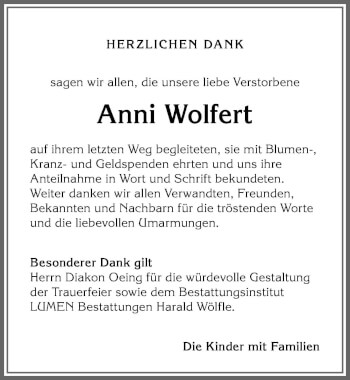 Traueranzeige von Anni Wolfert von Allgäuer Anzeigeblatt