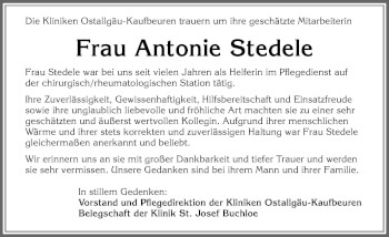 Traueranzeige von Antonie Stedele von Allgäuer Zeitung, Kaufbeuren/Buchloe