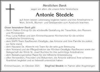 Traueranzeige von Antonie Stedele von Allgäuer Zeitung, Kaufbeuren/Buchloe