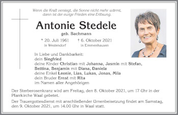 Traueranzeige von Antonie Stedele von Allgäuer Zeitung, Kaufbeuren/Buchloe